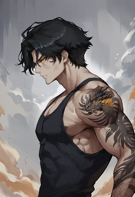 score_9, score_8_up, score_7_up, high detailed skin, high quality, rating_safe,action shot, BREAK
1boy,black hair, short hair, golden eyes, mature male, from side, tank top, arm-tattoo, arm tattoo, upper body, muscular, (dragon_tattoo:1.1), colorful tattoo
<lora:Tattoo (pony) v1:1> <lora:lowlight:0.5>