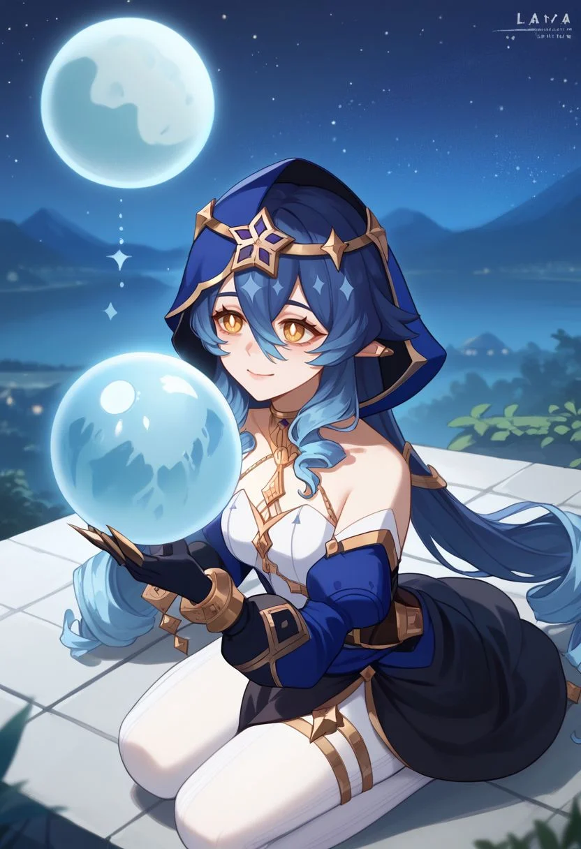 score_9, score_8_up, score_7_up, source_anime, 1girl, layladef, blue hair, yellow eyes, drill hair, hair between eyes, drill sidelocks, twin drills, pointy ears, blue hood, jewelry, neck ring, bare shoulders, detached sleeves, juliet sleeves, puffy long sleeves, claw ring, black gloves, white pantyhose, bags under eyes, thighlet, smile, closed mouth, exhausted, wariza, kneeling, (looking up), outdoors, starry sky, moon, night, orb, close-up, from above, <lora:Layla_v1-000010:1>