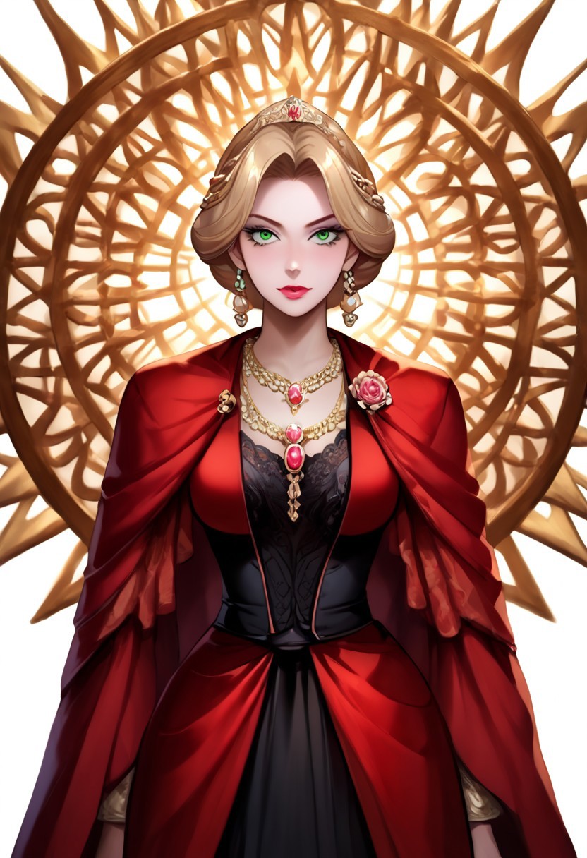 score_9, score_7_up, zPDXL2, high quality, high detail, ((masterpiece:1.2, best quality:1.2, dynamic lighting:1.1,)) (masterpiece), (best quality), (ultra-detailed), anime noblewoman, 1girl, solo, gorgeous lips, Detailed lips, wide lips, puffy lips, elegant face, light particle, particle, shadow, Light particle, medium shot, 70mm film, cowboy shot, straight-on, Bilaterally symmetrical, a voluptuous woman with a curvaceous and shapely figure boobs and hips and slim waist, her boobs threaten to overflow her elegant bodice, wearing a rich red gown with intricate golden lion embroidery,r. Her hair is golden-blonde, cascading in thick, lustrous waves, framing her lively and confident expression. Bright green eyes sparkle with intelligence and mischief, her face smooth and youthful, with a faint flush of vitality. white background. Regal yet approachable, exuding charm and boldness, vivid details, realistic style, warm tones, medieval fantasy, aristocratic elegance, gold and red color palette