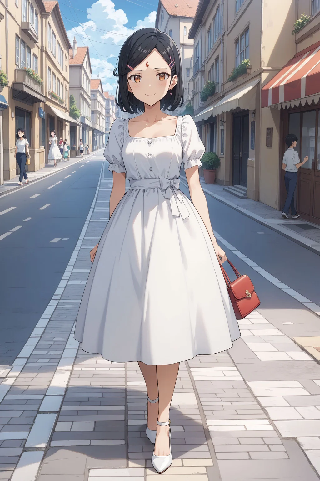 score_max, (score_9, score_8_up, score_7_up:1.0), score_6_up, official art,
, masterpiece, absurdres, high detail, 8k,
france, town, street, stone floor, mouth of truth,
walking, handbag, light smile, blush,
1girl, dolma, black hair, hairclip, forehead jewel, wide brim, white dress, collarbone, short sleeves, white skirt, heels,
<lora:XL_Pony_anime-lupin5-dolma-t1:1>