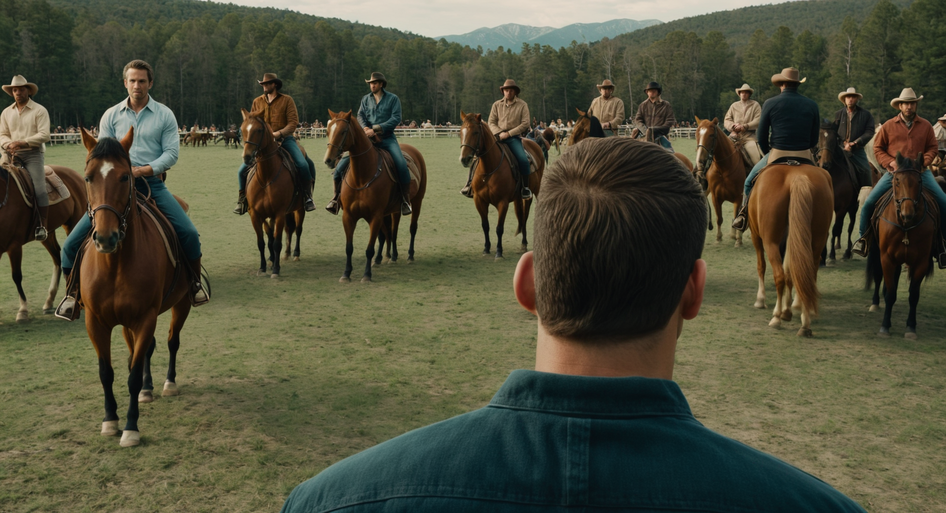 cinematic film still of  <lora:Split Diopter style:1>
Split image focus of a man's back at the left looking at a group of people riding horses far away,Split Diopter style, shallow depth of field, vignette, highly detailed, high budget, bokeh, cinemascope, moody, epic, gorgeous, film grain, grainy