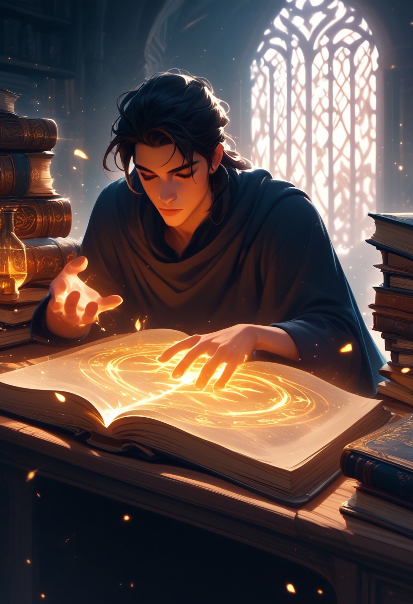 score_9,score_8_up,score_7_up, open magic book with glowing symbols on the pages, glowing runes, mage's desk, magic, glowing vortex runes spiraling out of the book, fantasy scene