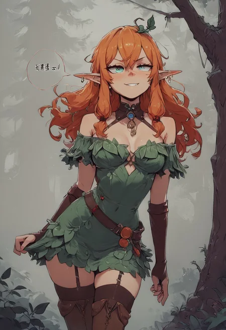 Score_9, score_8_up, score_8_up, absurd res, highres, source_hentai, rating_questionable, Rating_hard, Expressiveh, highres, japanese text, +18, absurd res, highres, Expressiveh, 1girl, elf, skinny, ginger hair, leaf dress, annoyed, smug, thighhighs, standing, forest, talking,