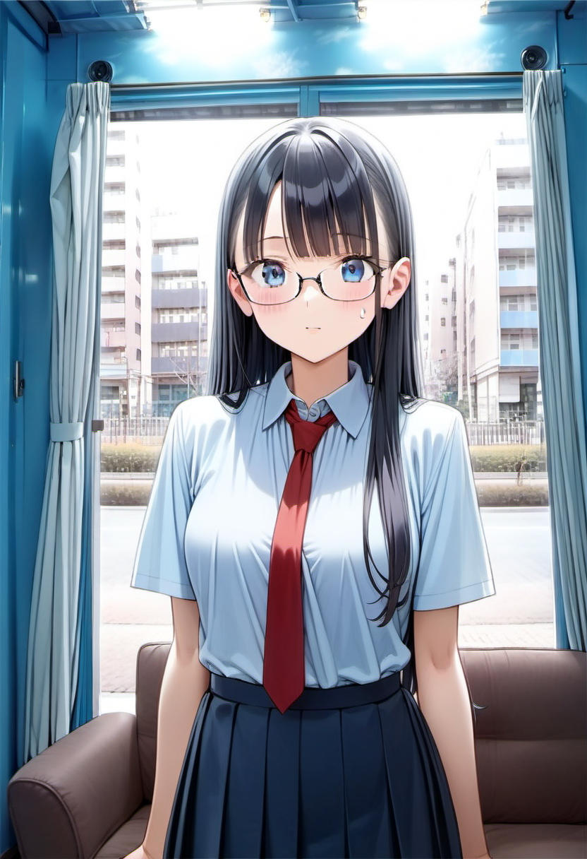 score_9, score_8_up, score_7_up, rating_safe, masterpiece, best quality, absurdres, unity 8k wallpaper, official art, official style, source_anime, uncensored, game cg, megami magazine,
1girl, solo, glasses, black hair, long hair, blue eyes, collared shirt, red necktie, pleated skirt, blue skirt, looking at viewer, blush, 
mmgo, window, scenery, indoors, curtains, couch, tree, building, day, cityscape, city
 <lora:mmgo_PONY_V1-000100:0.8>