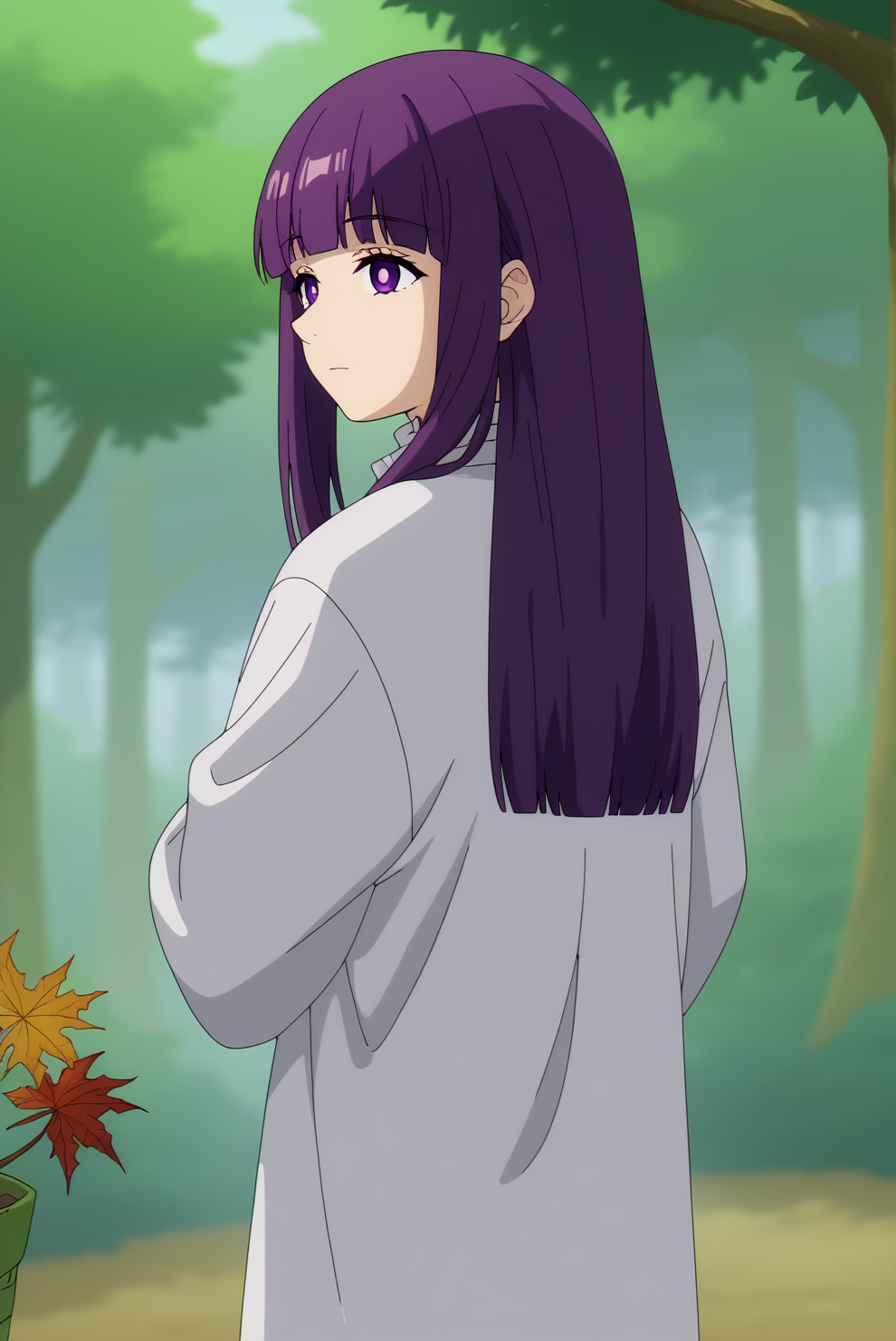 score_9, score_8_up, score_7_up, score_6_up, score_5_up, score_4_up, source_anime,anime screencap,anime coloring BREAK fern,mature,1girl,solo,bangs,long purple hair, purple eyes,blunt bangs, nature, outdoors, autumn trees,forest,leafs, expressionless, bright pupils, white pupils, looking behind,consistent background <lora:Fern - PDXL.safetensors:0.8>