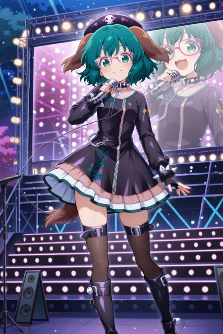 absurdres, highres, masterpiece, best quality, amazing quality, official anime artwork, screencap, anime screencap, outdoors, looking at viewer, light smile, dynamic pose, 
 <lora:Kyouko-Kasodani_Illustrious:1> kasodani kyouko, 1girl, solo, green eyes, green hair, medium hair, dog ears, dog tail,, kasodani kyouko \(choujuu gigaku\), alternate costume, black headwear, pink-framed eyewear, black dress, frilled dress, long sleeves, black gloves, fingerless gloves, spiked bracelet, jewelry, chain, black thighhighs, black boots, knee boots, holding microphone,
stage, night,