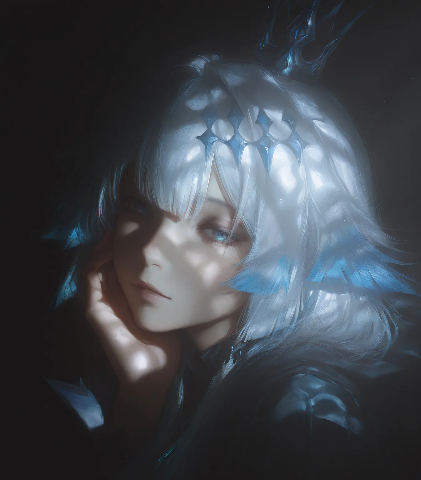 best quality, high quality, very detailed, detailed, embedding:lazypos, masterpiece, HDR, 8K, score_9, score_8_up, high contrast, high resolution, absurdres, newest, scenery, detailed skin, volumetric lighting, dramatic shadows, cinematic lighting, very aesthetics, dappled lighting, 1girl, solo, cerydra, hair ornament, multicolored hair, blue hair, white hair, curvy, detailed eyes, portrait, from side, facing viewer, hand on cheek, mysterious,
solid black background, film grain,