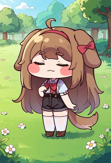 score_9,score_8_up,score_7_up,source_anime,zPDXL3,
*//*,<lora:Trickal_Revive-Pony:1>,dog ears, 1girl, animal ears, tail, dog tail, dog girl, chibi, :3, closed eyes, solo, outdoors, brown hair, grass, blush stickers, long hair, tree, nature, bow, ahoge, hair bow, thighhighs, shorts, hairband