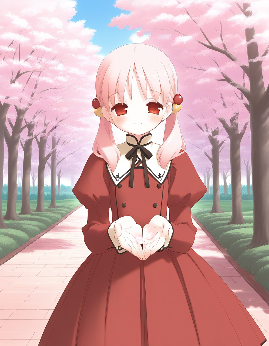 general,highres, ultra-detailed,very aesthetic,best quality ,best hands,  BREAK <lora:Kiriyama_Sakura_IS:1> KiriyamaSakura, pink hair, flat chest, red eyes, hair ornament, 
1girl, solo, tree, outdoors, twintails, cherry blossoms, red long sleeves, red skirt, 
smile,looking at viewer, cowboy_Shot,