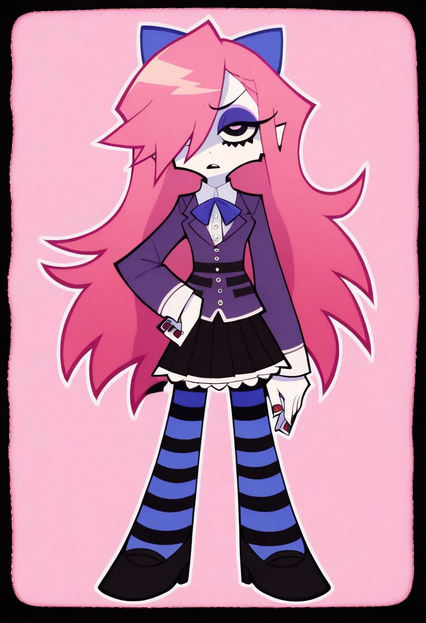 score_9, score_8_up, score_7_up, score_6_up, score_5_up, score_4_up,
BREAK
1girl, pale skin, pink hair, black eyes, hair covering left eye, long hair, straight hair, eyeshadow
BREAK
solo, standing, pose, skirt, frilly white shirt, purple jacket, black shoes, purple thigh highs, bows, purple garterbelt, one hand on hip, other arm at side
BREAK
white and pink heart pattern background, simple background, Panty & Stocking style, Thick lineart, sharp edges