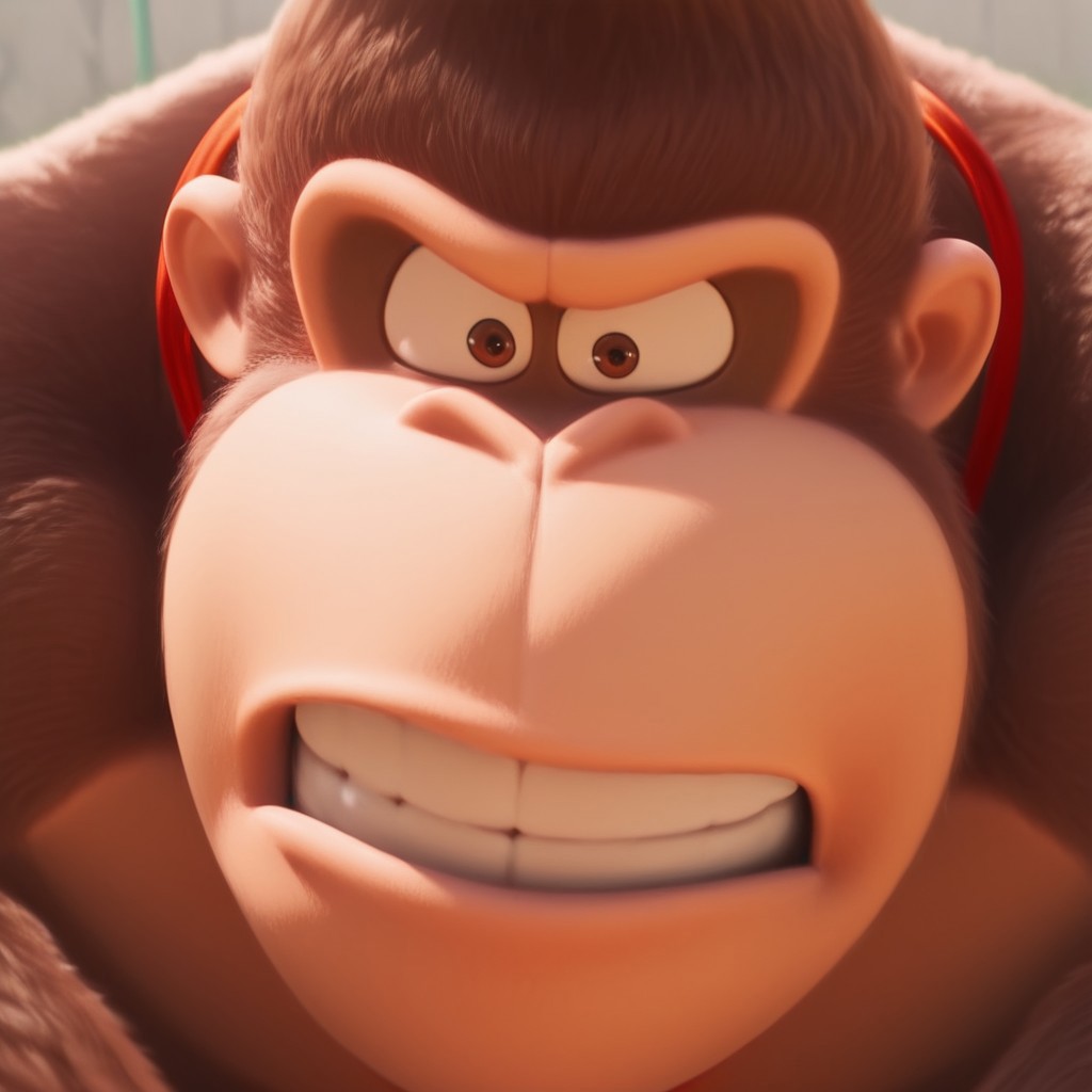 D0nkey_kong, Gorilla, Brown fur, Red necktie, (face shot, face Focus, teeth), confident, Brown eyes, realistic, detailed mouth, detailed skin, one raised eyebrown, wide open eyes, half body, Angry, clenched teeth