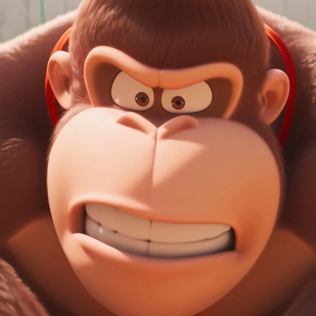 D0nkey_kong, Gorilla, Brown fur, Red necktie, (face shot, face Focus, teeth), confident, Brown eyes, realistic, detailed mouth, detailed skin, one raised eyebrown, wide open eyes, half body, Angry, clenched teeth