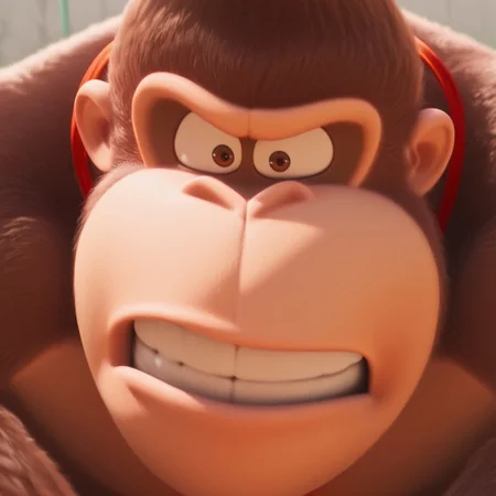 D0nkey_kong, Gorilla, Brown fur, Red necktie, (face shot, face Focus, teeth), confident, Brown eyes, realistic, detailed mouth, detailed skin, one raised eyebrown, wide open eyes, half body, Angry, clenched teeth