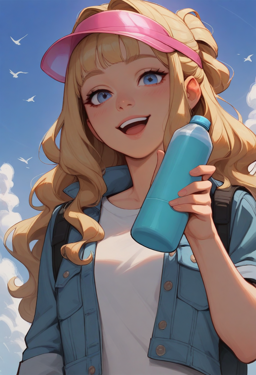 masterpiece, best quality, stylized, realistic, 1girl, solo, blonde hair, wavy hair, half updo, sidelocks, choppy bangs, blue eyes, smile, open mouth, looking at viewer, hand up, holding bottle, aqua thermos, visor cap, pink cap, transparent cap, t-shirt, white shirt, cropped jacket, denim jacket, black backpack, upper body, from below, dutch angle, blue sky, day, cloud, bird