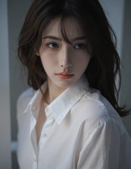 a 18 y.o girl wearing blouse,(from above:1.1),from side,soft lighting,high resolution,professional grade,RAW photography,evocative composition,Cinematic Lighting,moody lighting,perfect eyes,depth of field,virtual background,eyes focus,the face of an angel,<lora:majicbeauty1:0.8>,<lora:kl:1>,