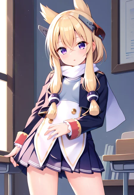 score_9, score_8_up, score_7_up, score_6_up, score_5_up, score_4_up, source_anime,
BREAK,
solo, 1girl, standing, looking at viewer, school uniform, indoors,
<lora:warspite_azurlane_ponyXL_v1:1> warspite \(azur lane\), blonde hair, long hair, purple eyes, sidelocks, headgear,