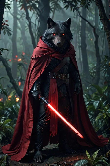 Wolf in fabric (black red clothes:1.2) in a (dark red:1.4) torned cape holding a bloody red glowing lightsaber, sharp focus, detailed hand grip <lora:add-detail-xl:2.5>, show full body, menacing aura, realistic highly detailed jungle in the background, show wolf head<lora:sdxl_lightning_8step_lora:1>