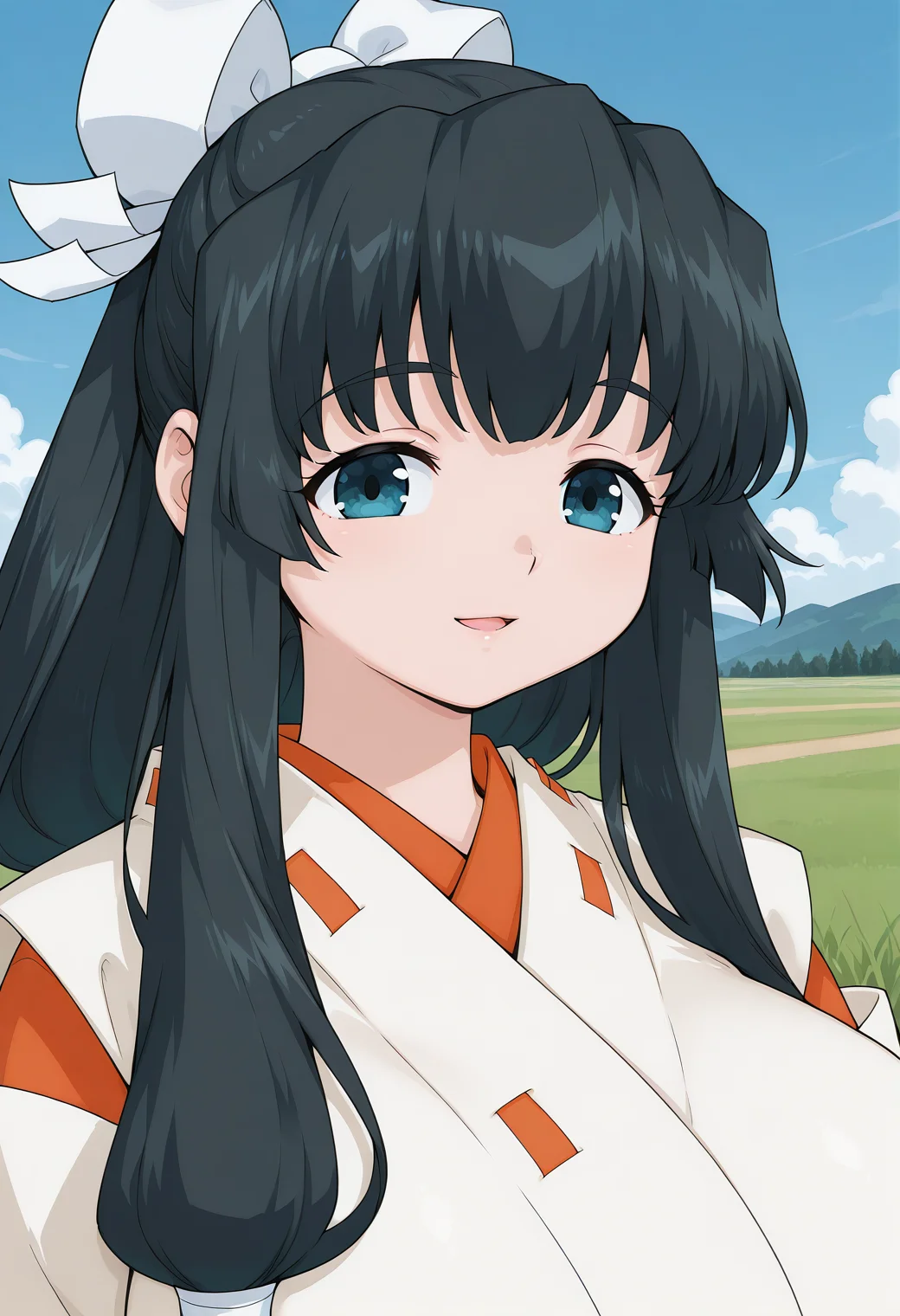 fr_yamagami_shino, blue eyes, black hair, long hair, sidelocks, white ribbon, hair ribbon, kimono, miko, japanese clothes, wide sleeves, <lora:fr_yamagami_shino_illustrious_ver2:0.8> 
open mouth, light smile, huge breasts,, masterpiece, best quality, sensitive,, 1girl, solo, blue sky, (grasslands:1.2), looking at viewer,, (upper body:1.2), (close-up:1.2), (facing viewer:1.2), (open eyes:1.4), (portrait:1.2)