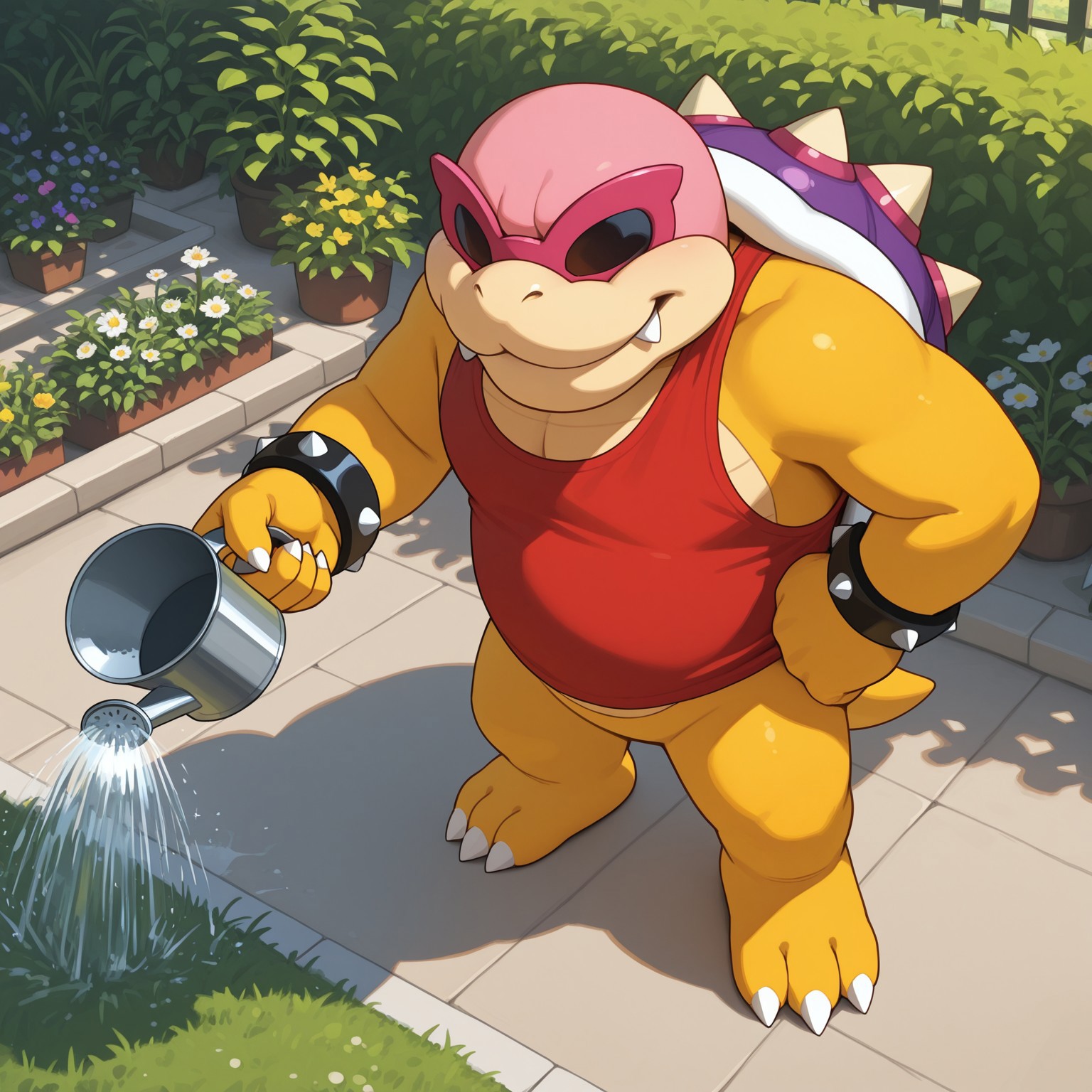 Roykoopa, 2d, Male, 1boy, solo, red sunglasses, fangs, shelled, purple spiked shell, tail, spiked bracelets, scalie, yellow skin, pink head, claws, toe claws, 3 toes, obscured eyes, 

BREAK red tanktop, from above, calm, smiling, standing, holding watering can in one hand, other hand on hip, watering flowers, outside, outdoors, garden, flowers, butterflies

BREAK best quality, amazing quality, very aesthetic, absurdres, newest, high quality, masterpiece, highres, detailed background 