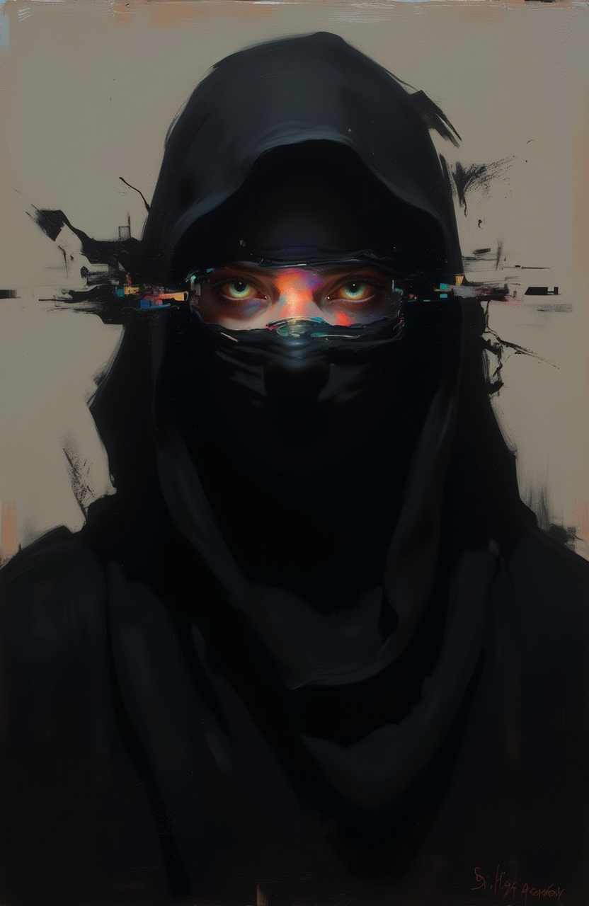 psycho_4rt, This is an artheon-style painting that merges the surreal with the abstract. The scene depicts a woman wearing a black burka, her eyes piercing through the dark fabric as a subtle glow highlights her intense gaze against an abstract, shadowy background.