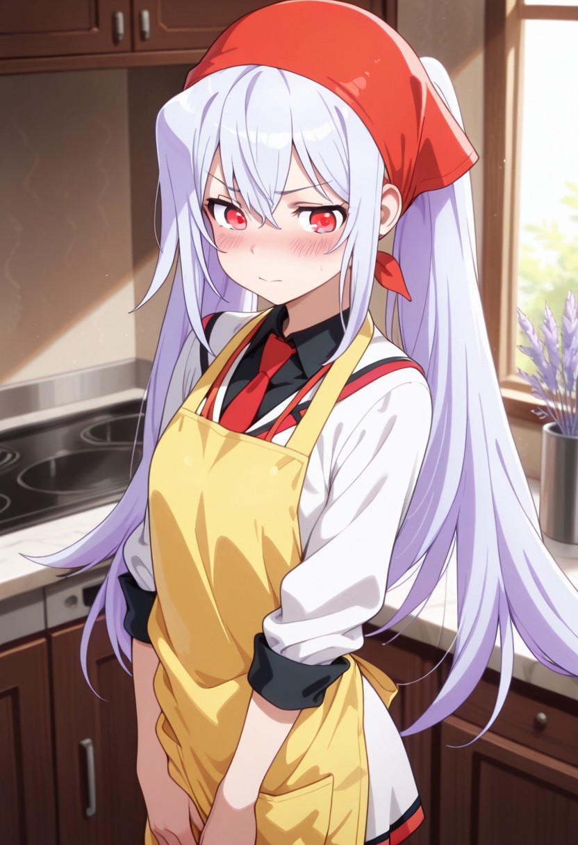 masterpiece,best quality,amazing quality, isla, long hair, silver-lavender hair, red eyes, 1girl, solo, apron, blush, necktie, twintails, head scarf