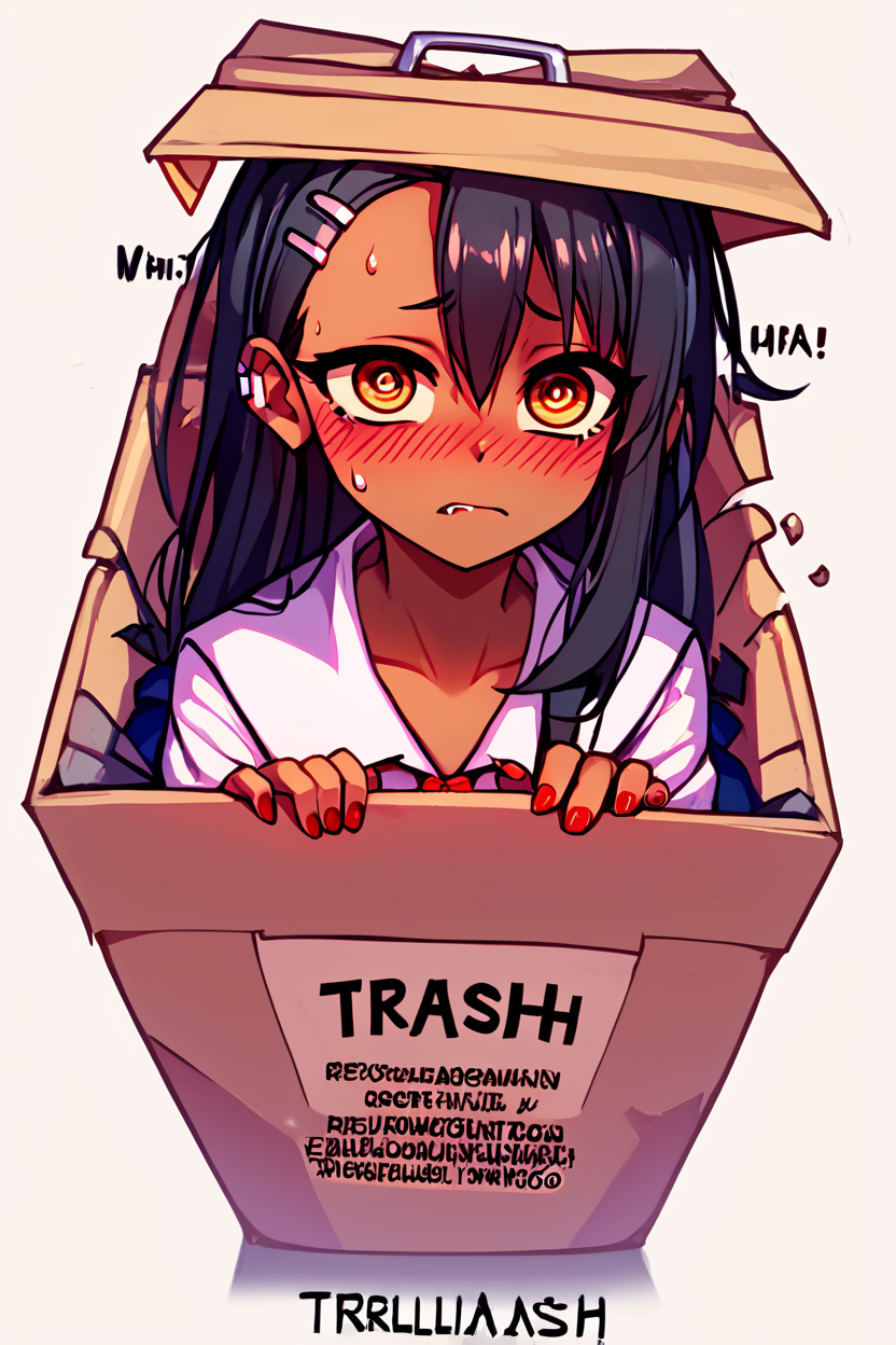 score_9, score_8_up, score_8,   BREAK,  <lora:Trash_Waifu_PDXL:1.0>,  zzTrashWaifu, in trash can,   source_anime, hayase nagatoro, long hair, bangs, black hair, hair ornament, brown eyes, hairclip, fang, dark skin, dark-skinned female, tan, skirt, shirt, school uniform, white shirt, pleated skirt, nail polish, blue skirt, red nails, earclip,   sad, blush,  simple background, hair ornament, white background, hair between eyes, sweat,  shaded face, box, @_@,  cardboard box, gloom (expression), in box, red text, the word trash,  (text focus, the word trash:1),  BREAK,  embedding:zPDXL, Expressiveh,  <lora:CatalystStylePDXL:0.6>,  <lora:SDXLFaeTastic2400:0.5>,  <lora:Expressive_H-000001:0.4>,