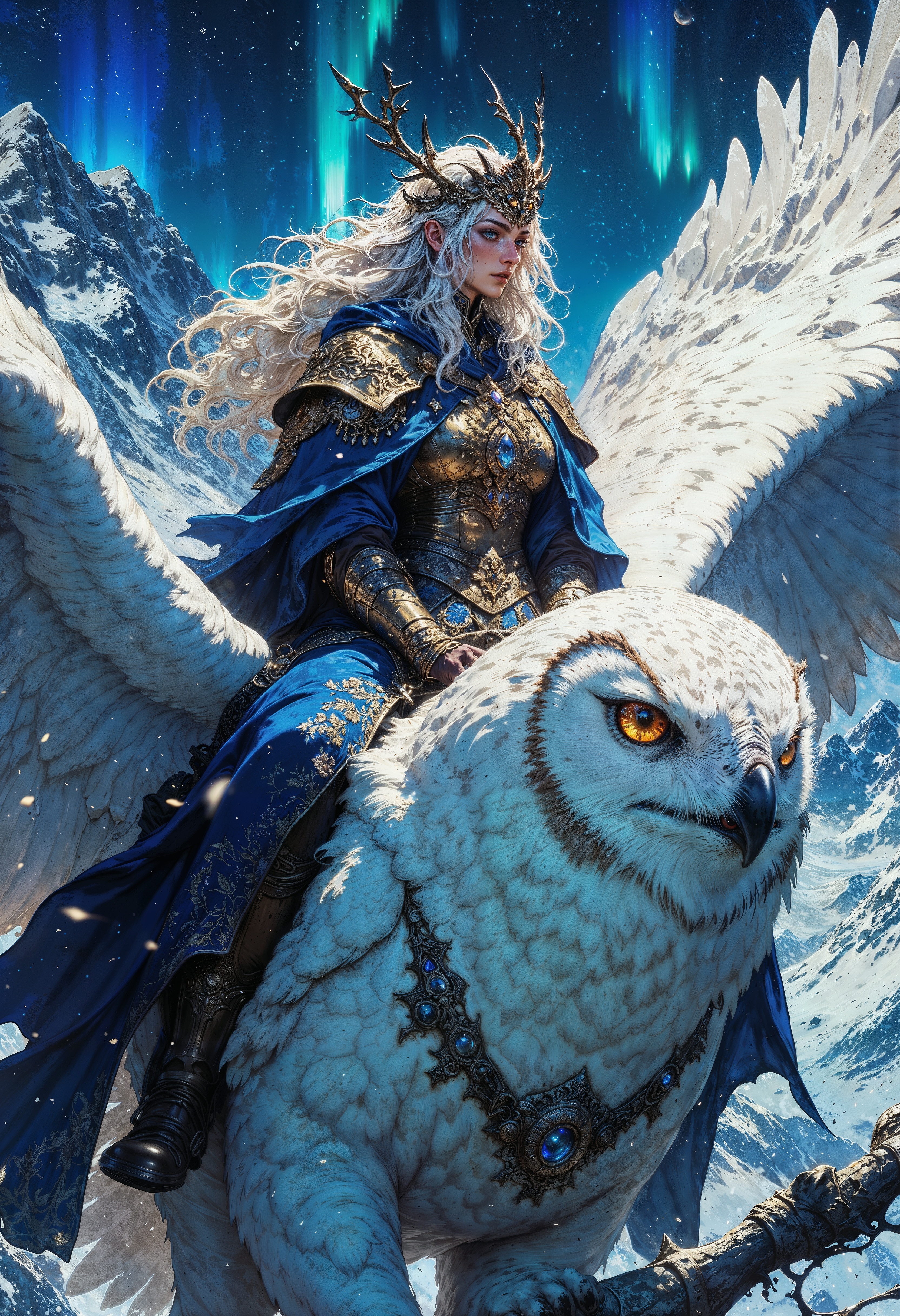 A majestic warrior with long, silver hair and piercing golden eyes rides atop a massive, snow-white owl, its wings spread wide against a breathtaking mountainous backdrop. She wears flowing robes in shades of deep blue, adorned with golden embroidery and intricate arcane patterns. A delicate yet regal antlered crown rests on her head, symbolizing her connection to the celestial winds. Her expression is one of unwavering determination as she grips the owl’s soft yet powerful plumage, guiding it toward the night sky illuminated by glowing auroras. The scene is filled with swirling snowflakes and the cold bite of the high-altitude winds, emphasizing the mystical and grandiose nature of her journey. The owl’s amber gaze is sharp and intelligent, its feathers shimmering with ethereal energy. The composition is highly detailed, cinematic, and atmospheric, evoking a sense of wonder and awe.
<lora:RetroAnimeFluxV1:0.5> <lora:FluxMythG0thicL1nes:0.6> <lora:Elden_Ring_-_Yoshitaka_Amano:0.6>