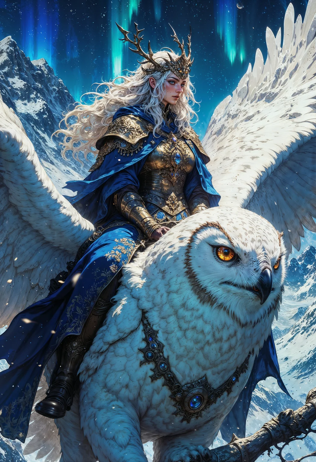 A majestic warrior with long, silver hair and piercing golden eyes rides atop a massive, snow-white owl, its wings spread wide against a breathtaking mountainous backdrop. She wears flowing robes in shades of deep blue, adorned with golden embroidery and intricate arcane patterns. A delicate yet regal antlered crown rests on her head, symbolizing her connection to the celestial winds. Her expression is one of unwavering determination as she grips the owl’s soft yet powerful plumage, guiding it toward the night sky illuminated by glowing auroras. The scene is filled with swirling snowflakes and the cold bite of the high-altitude winds, emphasizing the mystical and grandiose nature of her journey. The owl’s amber gaze is sharp and intelligent, its feathers shimmering with ethereal energy. The composition is highly detailed, cinematic, and atmospheric, evoking a sense of wonder and awe.
<lora:RetroAnimeFluxV1:0.5> <lora:FluxMythG0thicL1nes:0.6> <lora:Elden_Ring_-_Yoshitaka_Amano:0.6>