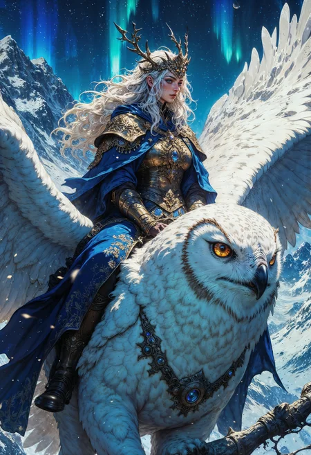 A majestic warrior with long, silver hair and piercing golden eyes rides atop a massive, snow-white owl, its wings spread wide against a breathtaking mountainous backdrop. She wears flowing robes in shades of deep blue, adorned with golden embroidery and intricate arcane patterns. A delicate yet regal antlered crown rests on her head, symbolizing her connection to the celestial winds. Her expression is one of unwavering determination as she grips the owl’s soft yet powerful plumage, guiding it toward the night sky illuminated by glowing auroras. The scene is filled with swirling snowflakes and the cold bite of the high-altitude winds, emphasizing the mystical and grandiose nature of her journey. The owl’s amber gaze is sharp and intelligent, its feathers shimmering with ethereal energy. The composition is highly detailed, cinematic, and atmospheric, evoking a sense of wonder and awe.
<lora:RetroAnimeFluxV1:0.5> <lora:FluxMythG0thicL1nes:0.6> <lora:Elden_Ring_-_Yoshitaka_Amano:0.6>