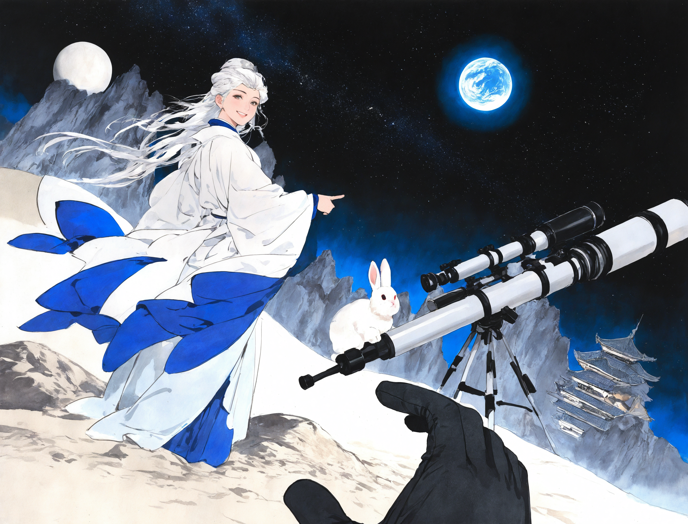 universe, earth, starry space,
the Moon Palace, east asian architecture, standing on moon, looking at earth,
1girl, telescope, hanfu, white hair, stargazing, looking back at viewer, smile, right hand pointing at earth, 
pov, left hand reaching towards viewer, pov hand in spacesuit glove, 
a white rabbit, animal,
traditional media,
<lora:freehandink_NOOB1.0_V-PRED:1>
masterpiece, best quality, newest, absurdres, highres