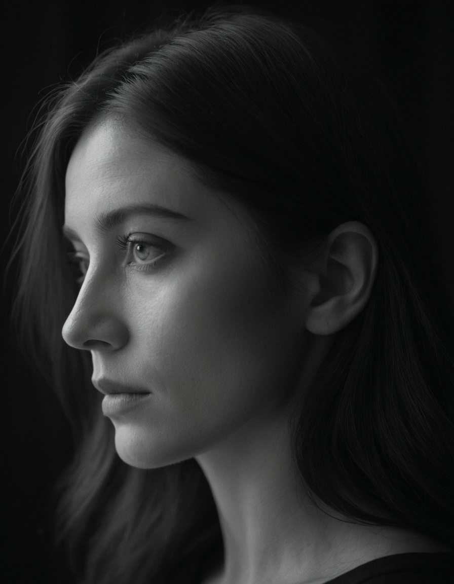 Monochrome portrait, (softly illuminated profile:1.2), delicate features, (haunting eyes:1.1), shadow interplay, subtle strands of hair, dark background, minimalist aesthetic, Nikon Z 7, 1/160s, f/4, ISO 3200, understated emotion,