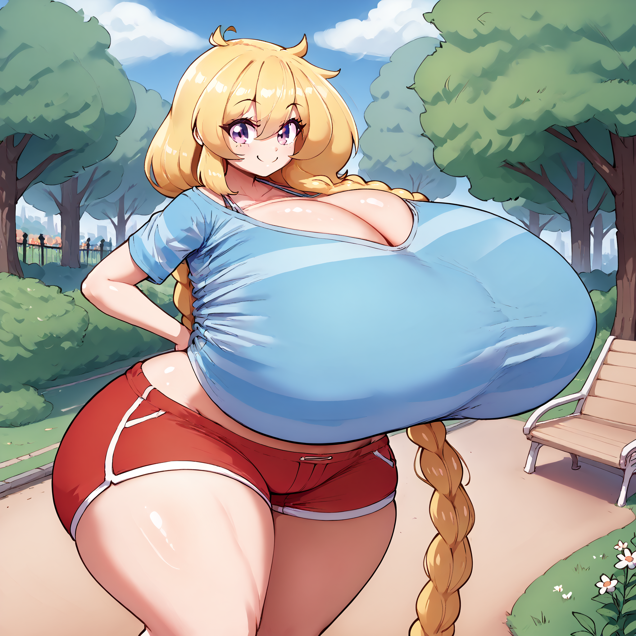 (masterpiece), best quality, (highly detailed), score_9, score_8_up, score_7_up, score_6_up, score_5_up, 1female, park, outdoor, Cassie Torbjornson, light purple eyes, blonde_hair, blue striped shirt, red shorts, single braid, hyper breasts, huge hips, huge thighs, <lora:Masked_agent_style:0.8>,  <lora:CassiePDXL:1>, smile, <lora:ATBv1-5:1> , atb, bursting breasts,