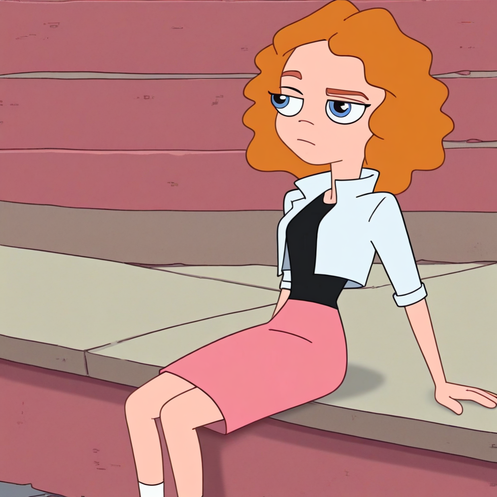score_9, solo, melissa, brown hair, blue eyes, black shirt, pink skirt, jacket, sitting