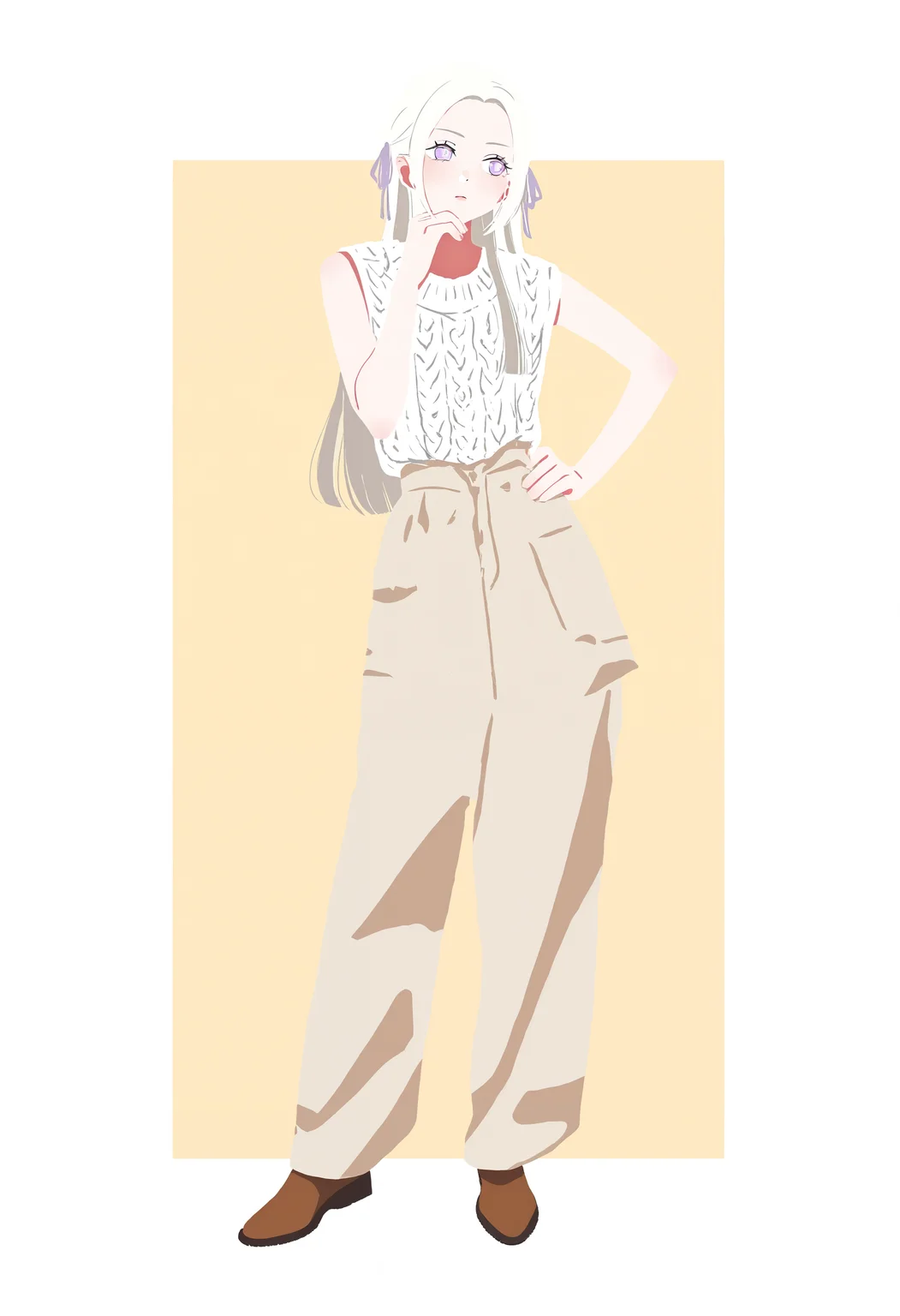 masterpiece, highres, absurdres, newest, very awa, flat color,   1girl, solo, full body, edelgard von hresvelg, white hair, hair bow, purple eyes,  sleeveless knit shirt, pattern shirt, collarbone, high-waist pants, wide pants, beige pants, brown footwear,  contrapposto, hand on own chin,    paneled background, two-tone background, white background, beige background,  <lora:spo_sdxl_10ep_4k-data_lora_webui>,  <lora:TA_trained:0.35>,  <lora:NOOB_EPSv1_1_detailer_by_vlnvk_v0_5>,  <lora:georgie-san:0.8>