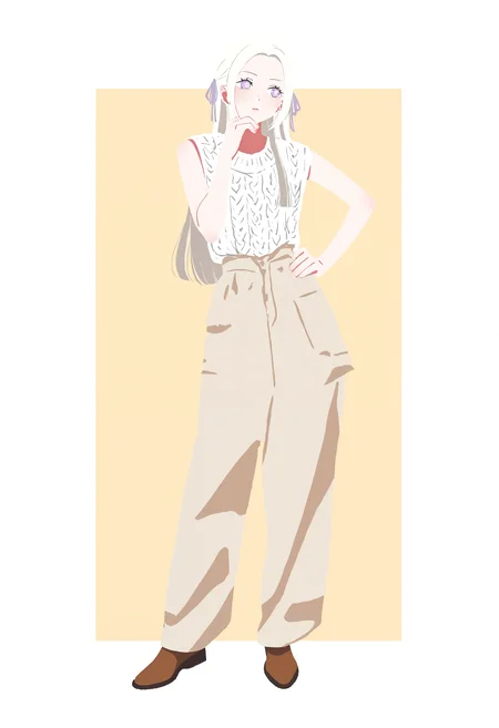 masterpiece, highres, absurdres, newest, very awa, flat color, 1girl, solo, full body, edelgard von hresvelg, white hair, hair bow, purple eyes, sleeveless knit shirt, pattern shirt, collarbone, high-waist pants, wide pants, beige pants, brown footwear, contrapposto, hand on own chin, paneled background, two-tone background, white background, beige background, <lora:spo_sdxl_10ep_4k-data_lora_webui>, <lora:TA_trained:0.35>, <lora:NOOB_EPSv1_1_detailer_by_vlnvk_v0_5>, <lora:georgie-san:0.8>