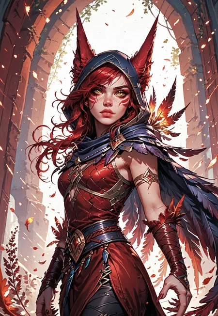 ((zPDXL3)), ((masterpiece,best quality, highly detailed)), ((score_9)), score_8_up, score_7_up, score_6_up, score_5_up, score_4_up, Digital painting style, brushstrokes, ((EnhanceImage)), solo, 1girl, XayahLoLXL, facial mark, yellow eyes, red hair, long hair, bangs, hair over one eye, animal ears, ears through headwear, medium breasts, hood up, hood, feathers cloak, red dress, red skirt, guantlets, black pants, black bandaged, monster bird feet,
Expressiveh, 30yo, adult lustful confident woman, petite, slender body, perky saggy natural breasts, full lips, bangs, sidelocks, straps,
chinese magical sorceress, animated, swirling magic, wisps of magic, dancing pose, tight squeezed outfit, magical accessories, evoking motion, conveying motion, dynamic splash art, 
<lora:PainterlyFantasiaPDXL:0.6>,