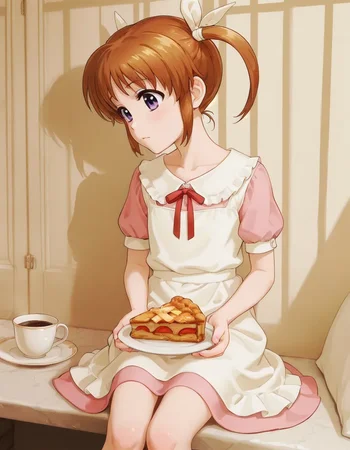 nsfw, highres, best quality, masterpiece, score 9 up, score 9, score 8 up, score 7 up, rating explicit, 1girl, lora:748cmSDXL:1, best quality, masterpiece, perfect composition, official art, 748cmstyle, 1girl, Expressiveh, In the streets of Paris, a young woman is sitting outside a charming patisserie. She is writing in a journal, a precisely cut \(triangular pie slice\) of deep golden \(apple pie slice\), rests on a white ceramic plate, slight caramelized lattice, A cup of espresso rests next to pie plate. Soft morning light, pastel color tones, ExpresHGothicNeonIncase, ApplePie, Nanoha, nanoha