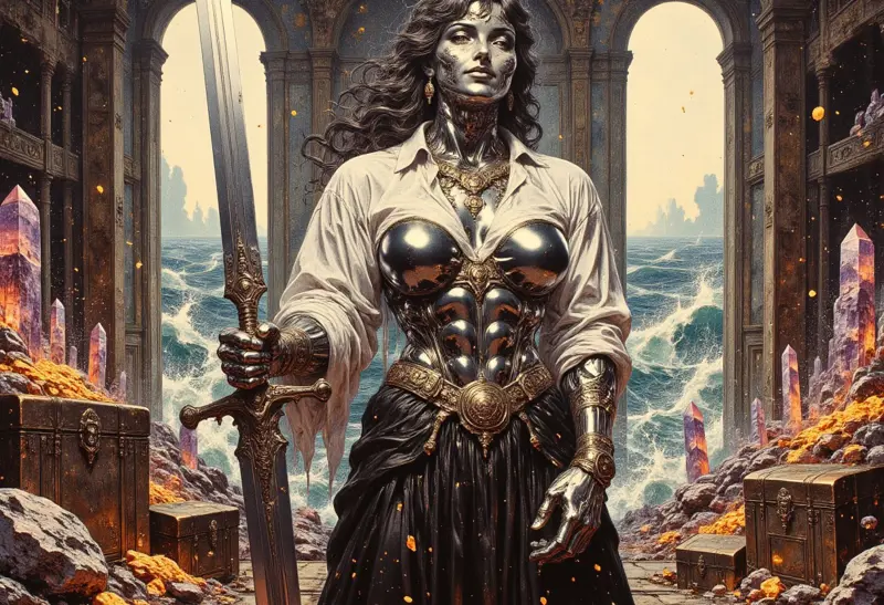 Realistic oil painting of a strong MetalFairy woman,l with metallic chrome skin, She's wearing a leather corset with a flowing white blouse over it, a black leather pleated skirt and black leather boots. The womans strong muscular frame grips a huge sword with one hand it's jagged blade glowing faintly with runic etchings. Her expression is that of amusement, her lips curved up in a smirk.  Adorning her incredible muscular breasts are an arrangement of necklaces with ancient symbols. She stands in large room filled with treasure chests filled with gold and massive multicolored crystals, the windows in the room look down towards a raging sea. Her metallic skin sparkles with crystalline dust, and sweat trickles between her large breasts and huge muscles.