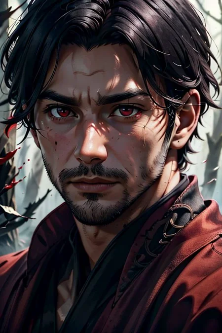 Master piece, highest quality, highest possible OverallDetail, semirealistic, red eyes,
Create an elder of a demonic sect.
The character looks like he is in his late twenties or early thirties. He is handsome.
He has black shoulder-length shaggy hair.
His outer robe is black and the inner robe is dark red.
His eyes are dark red. Detailed face. Red robe.
He meditates in nature.
perfecteyes eyes
