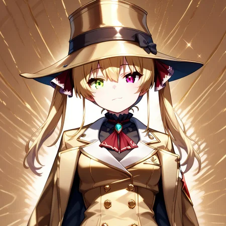 score_9, score_8_up, score_7_up, super aesthetic, rating:safe, rating:general, DeaverStyle, 1girl, solo, aua, red eyes, yellow eyes, heterochromia, gold clothing, gold hat, fully-clothed, gloves, big coat, illustration, gold, cute, shiny skin, vivid colors, treasure room, gold treasure,