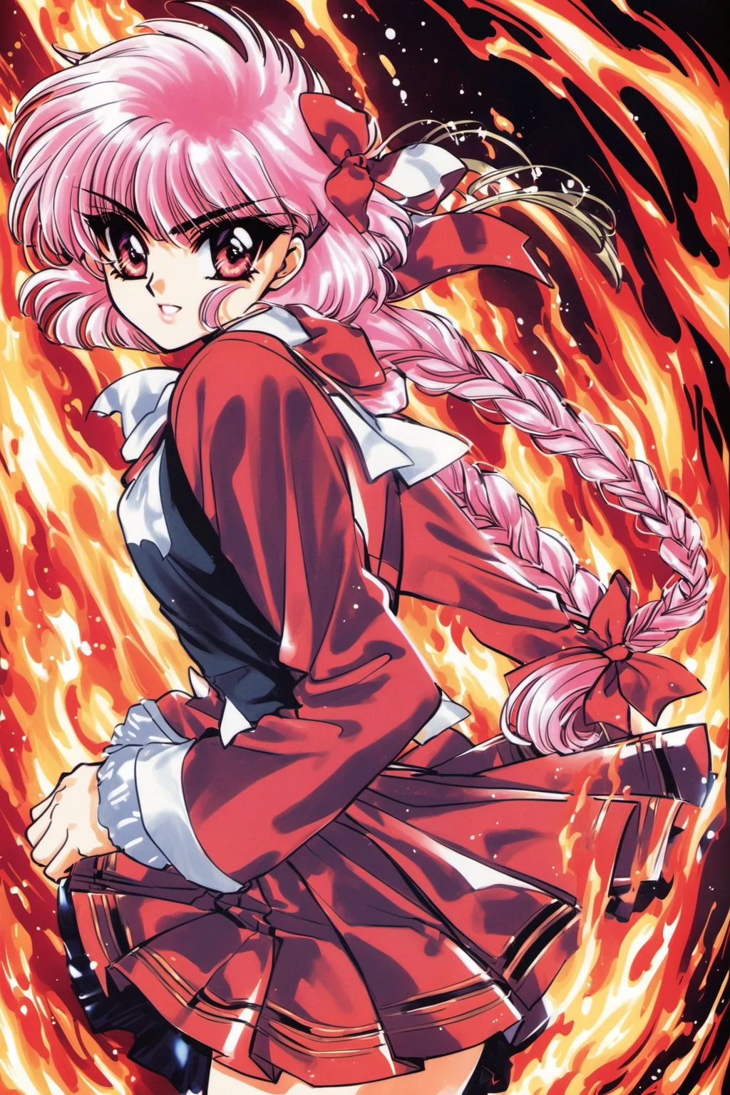 Shidou Hikaru,retro artstyle,1990s \(style\),braid,skirt,1girl,school uniform,fire,pink hair,long hair,bow,single braid,<lora:Magic knight Rayearth_XL:0.8>,