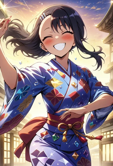 (masterpiece,best quality:1.5), high quality details,, amazing quality,  newest, scenery, volumetric lighting 
shiny skin, utatane hiroyuki, BREAK,
1girl, nagatoro hayase
japanese kimono, colorful kimono,
, smile, happy, dancing, 
jewel
diamondMW, countless diamonds,
