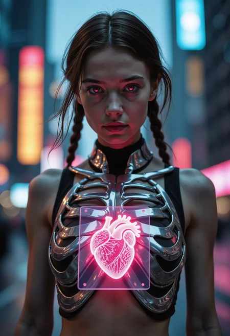 A cinematic low-light photo of a ghostly pale female model with messy tousled twintails hair with photonic neon highlights. She is clad in a high-tech ribcage-bodysuit with glowing circuitry patterns and has a determined expression with a slight smirk. Her makeup is avant-goth, featuring dark metallic shades around her glowing eyes starkly contrasting her intense gaze. A translucent geometric card is slotted into the center of her empty robotic chest, displaying a glowing virtual anatomical heart shape made of bright holographic circuitry lines, floating within the chromed mechanical ribcage like a virtual red-pink interface. She stands in a futuristic cyber-noir cityscape, with towering skyscrapers and floating lights. The atmosphere is vibrant and dynamic, blending technology with artistry. The image is highly detailed and hyper-realistic.