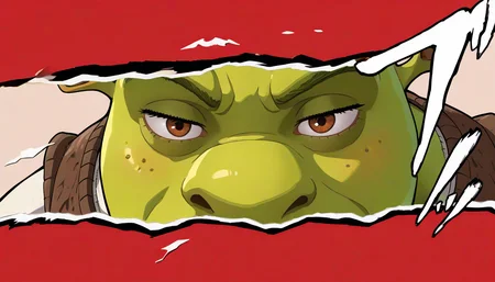 masterpiece, best quality, newest, absurdres, highres, letterboxed, sound effects, style parody, close-up, cut-in, simple background, eye focus, border, <lora:PersonaCutIn_Noob_Incrs_v1-000008:1>, <lora:Shrek_illusXL_Incrs_v1:0.8> shrek, bald, green skin, brown vest, white shirt, 1boy,