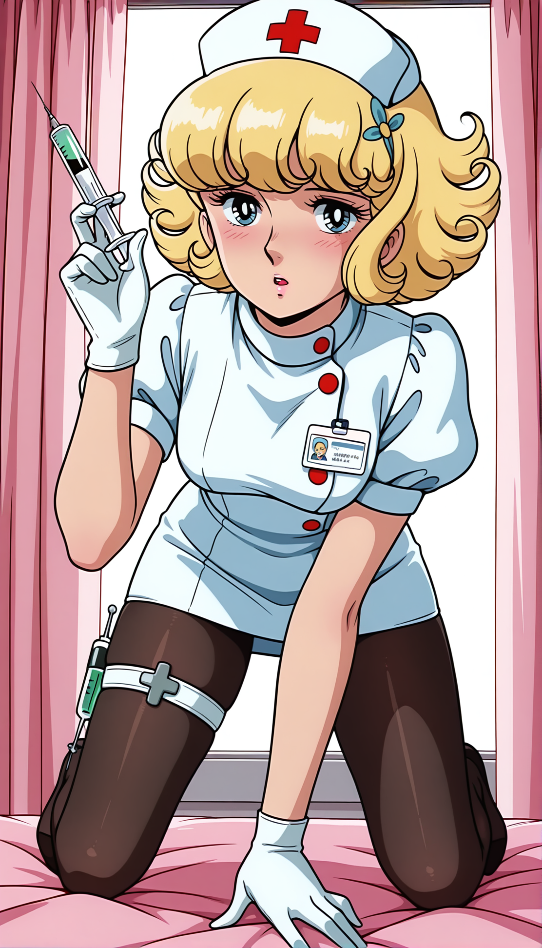 masterpiece,best quality,amazing quality,luluill,1girl,solo,1970s \(style\),retro artstyle,blonde hair,short hair,curly hair,blue eyes,syringe,nurse,hat,gloves,white gloves,nurse cap,pantyhose,holding syringe,holding,indoors,looking at viewer,dress,short sleeves,white dress,black pantyhose,curtains,blush,thigh strap,all fours,id card,open mouth,parted lips,buttons,white headwear,arm support,<lora:luluill:0.8>,