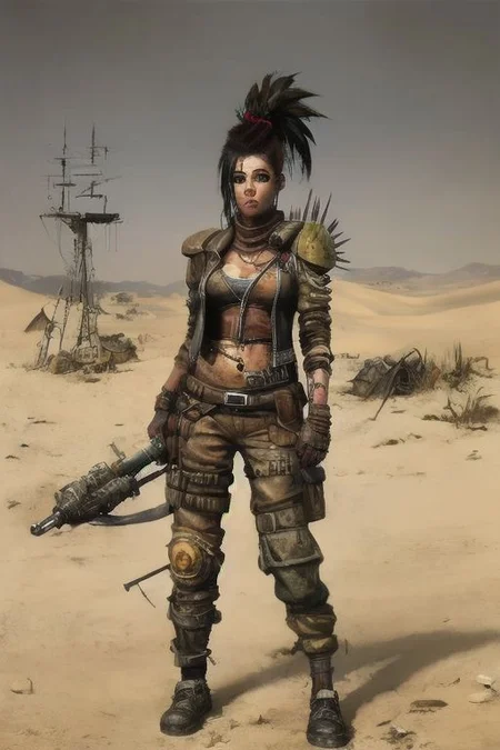 (masterpiece:1.2), (best quality,:1.2), 8k, HDR, ultra detailed, ((photorealistic)), professional light, cinematic lighting, fashion photography, ambient lighting, atmospheric effects, <lora:detail_slider_v4:3>, <lora:zoom_slider_v1:1>, a female raider in the desert Wasteland, mohawk, open leather jacket, pants, ellbow pads,  <lora:Wasteland:0.6>,  WasteAr, <lora:WastelandArmor:0.75>, epiCPhoto