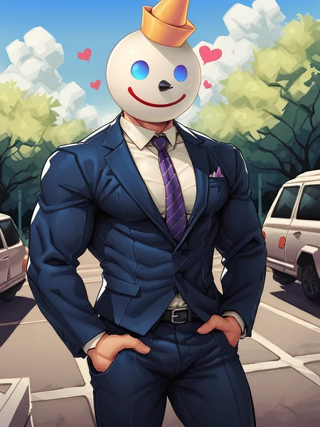 portrait of jack_box man, bara, muscular, cone nose, blue eyes, cone hat, circular head, suit, smiling, outdoors, hearts, <lora:Jack_in_the_Box:.7>, score_9, score_8_up, score_7_up, <lora:add-detail-xl:.8> zPDXL3,
