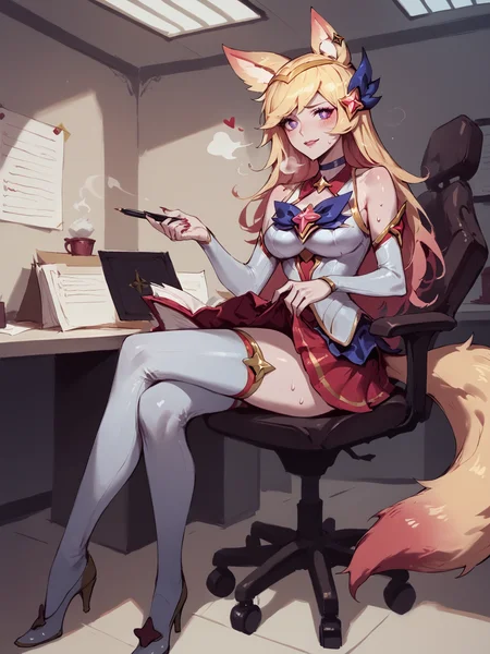 score_9, score_8_up, score_7_up, BREAK, AhriStarGuardian, blonde hair, blonde fox ears, black hairpin, white shirt, bare shoulders, white oversleeve, white red skirt, white stockings, shoes, one fox tail, looms over the viewer, heavy breath, sweat, embarrassment, hearts in eyes, Concept Art, office in nights, overturned tables around <lora:AhriStarGuardian:1> <lora:Concept Art Twilight Style SDXL_LoRA_Pony Diffusion V6 XL:1>
