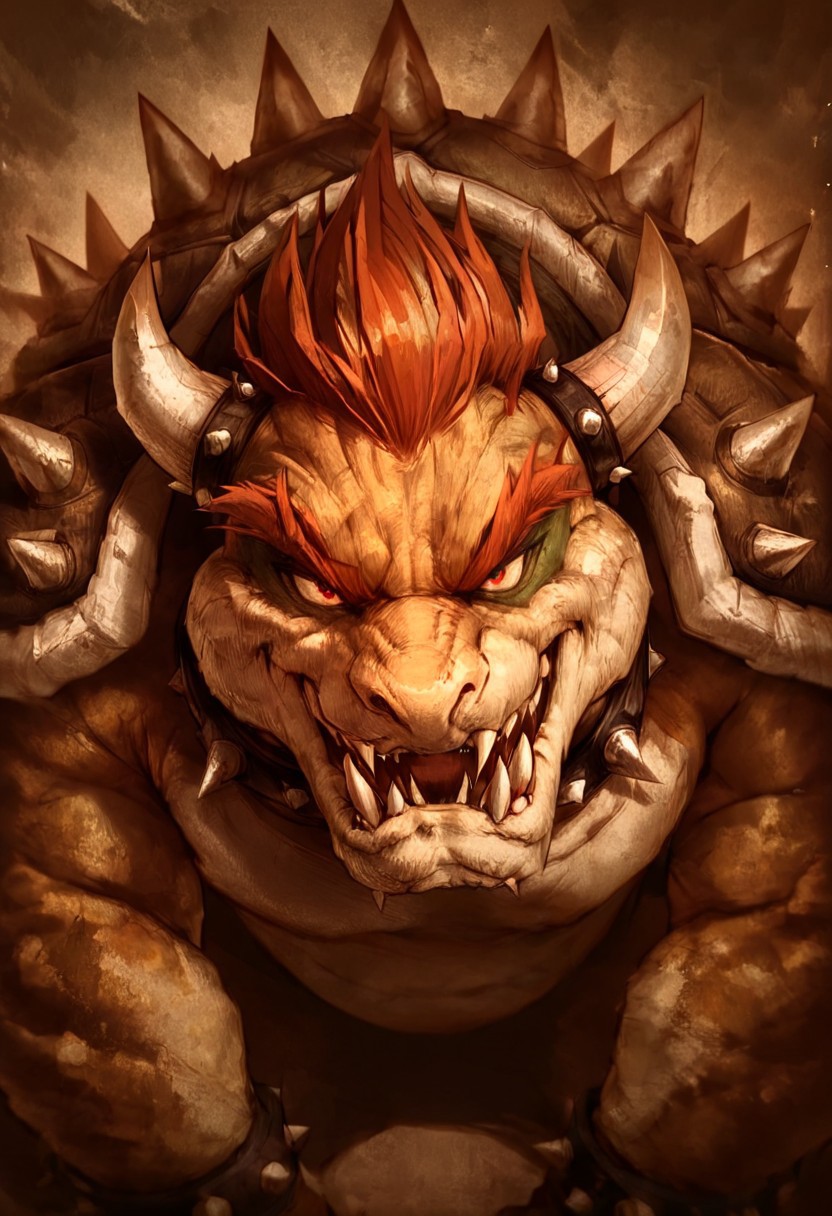 masterpiece, best quality, newest, absurdres, highres, D3CSPS-V1.0, brown theme, sepia, 1boy, bowser, spikes, spiked shell, spiked tail, spikes, turtle shell, horns,