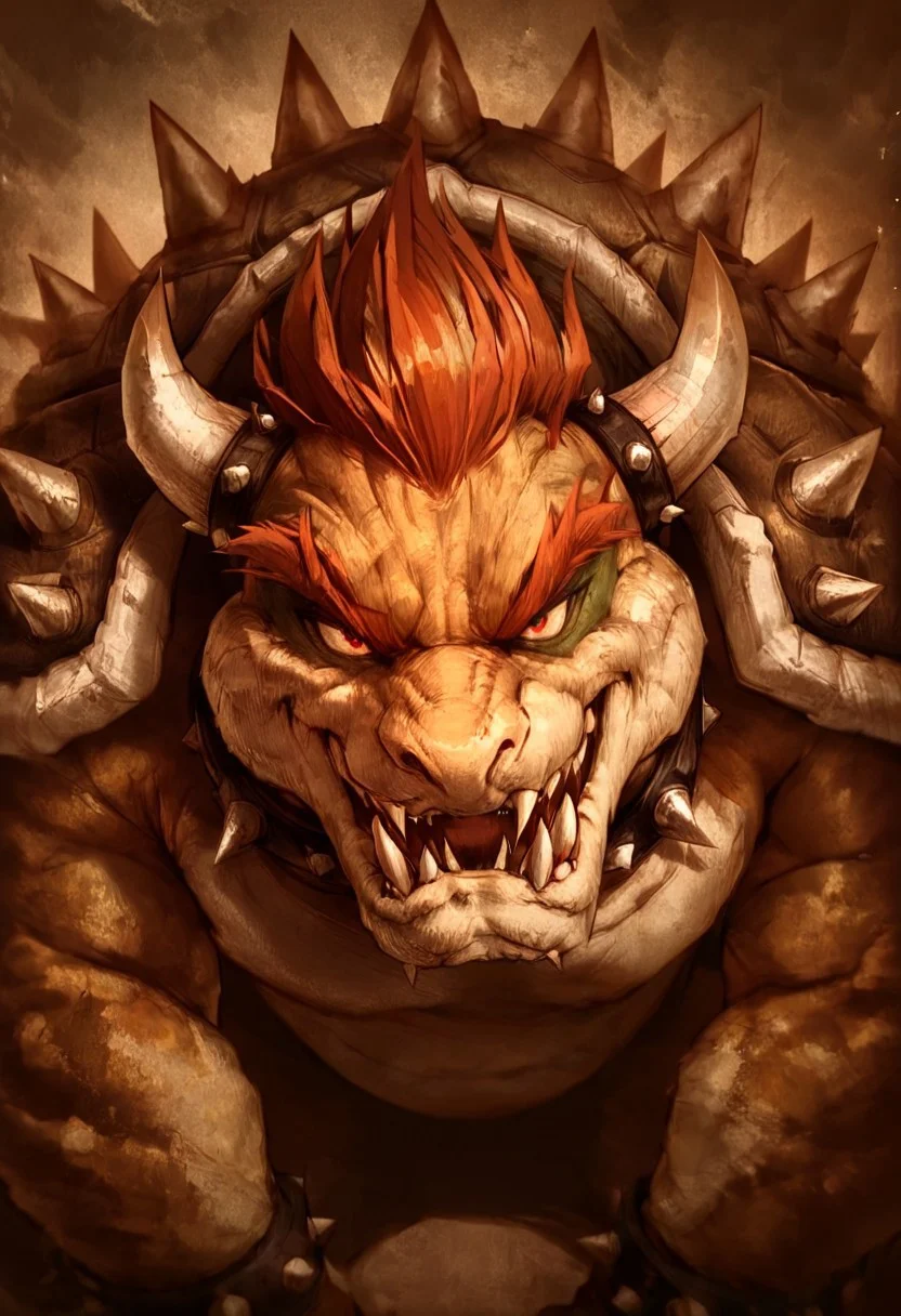 masterpiece, best quality, newest, absurdres, highres, D3CSPS-V1.0, brown theme, sepia, 1boy, bowser, spikes, spiked shell, spiked tail, spikes, turtle shell, horns,